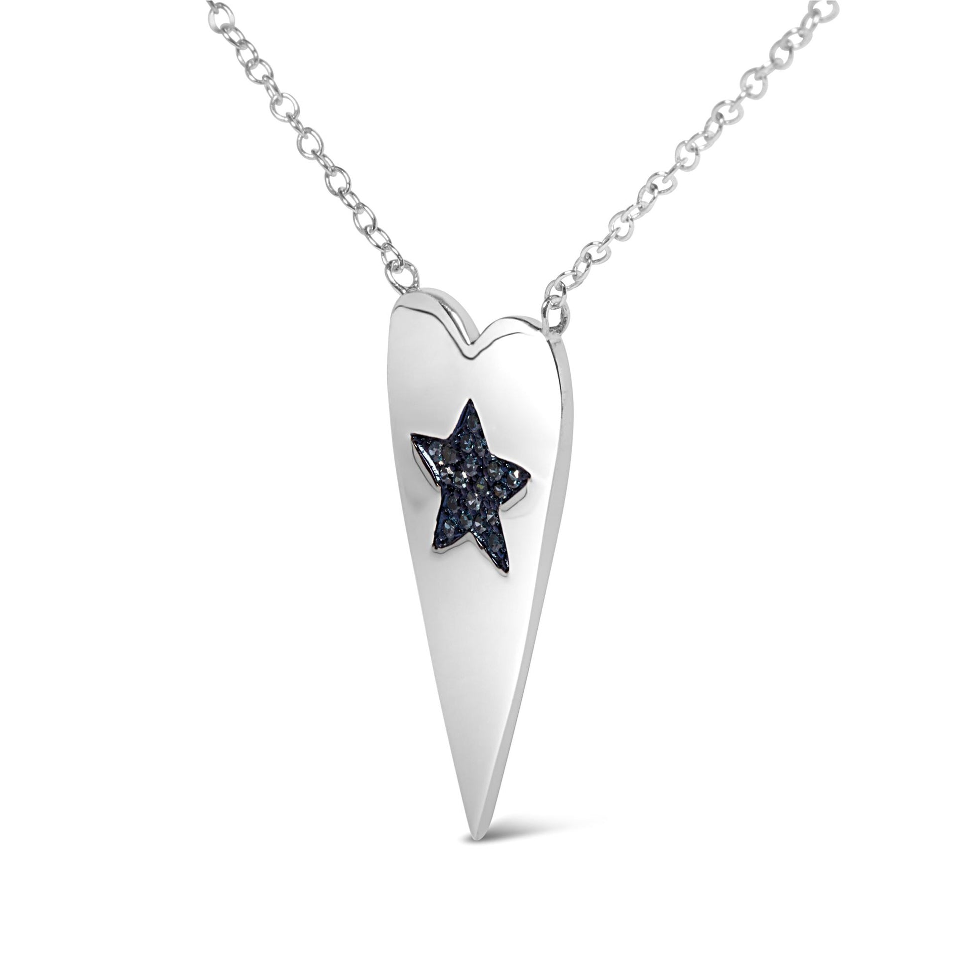 White metal necklace with a long pointed heart-shaped pendant featuring a star inset with prong-set round blue gemstones, shown in a front close-up angle.