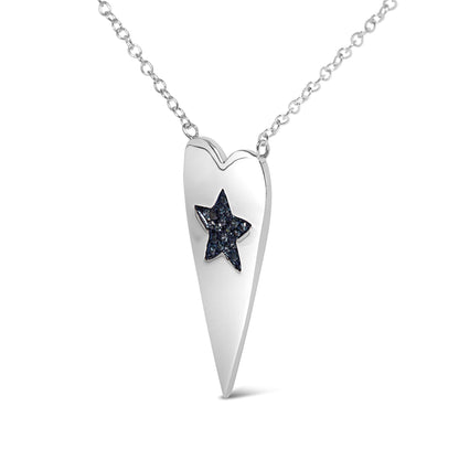 White metal necklace with a long pointed heart-shaped pendant featuring a star inset with prong-set round blue gemstones, shown in a front close-up angle.