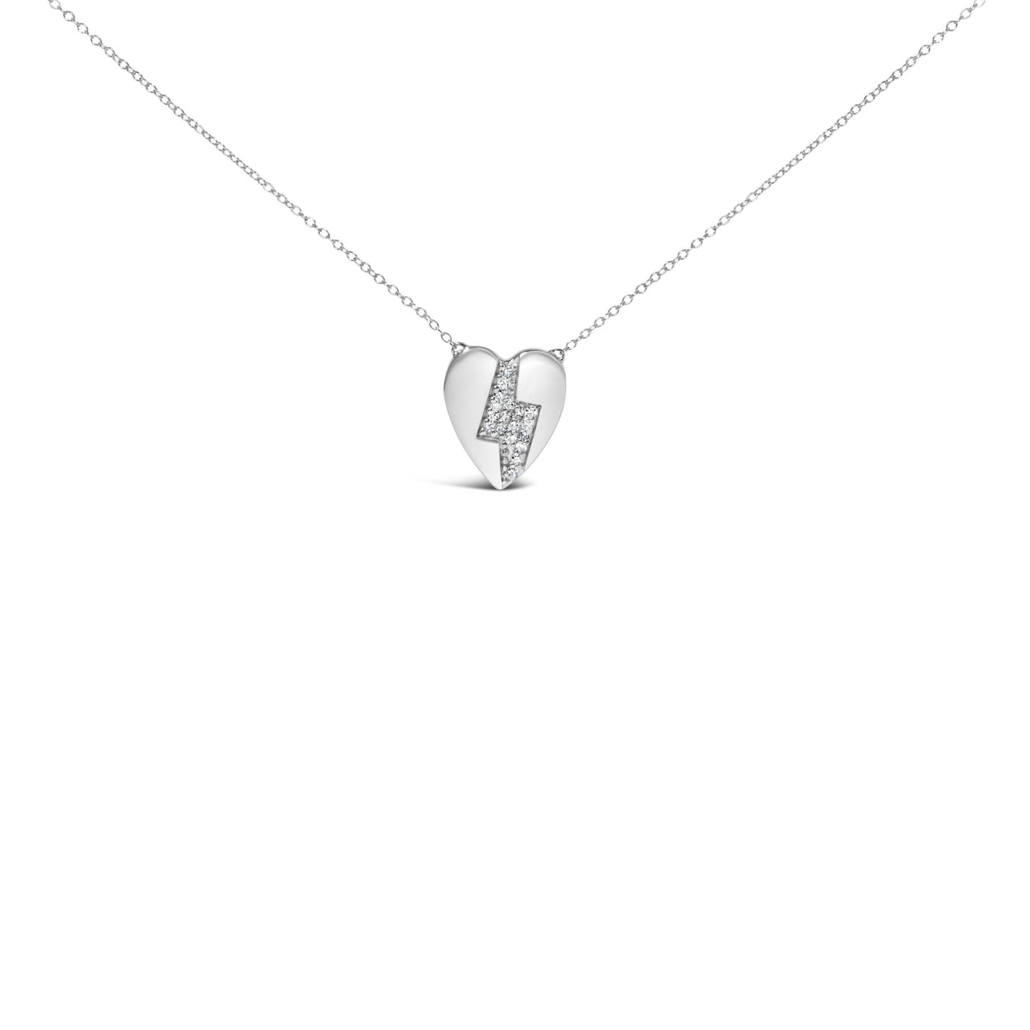 Front view of a white metal heart-shaped necklace pendant with a lightning bolt design accented by prong-set round white gemstones on a chain.