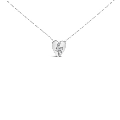 Front view of a white metal heart-shaped necklace pendant with a lightning bolt design accented by prong-set round white gemstones on a chain.