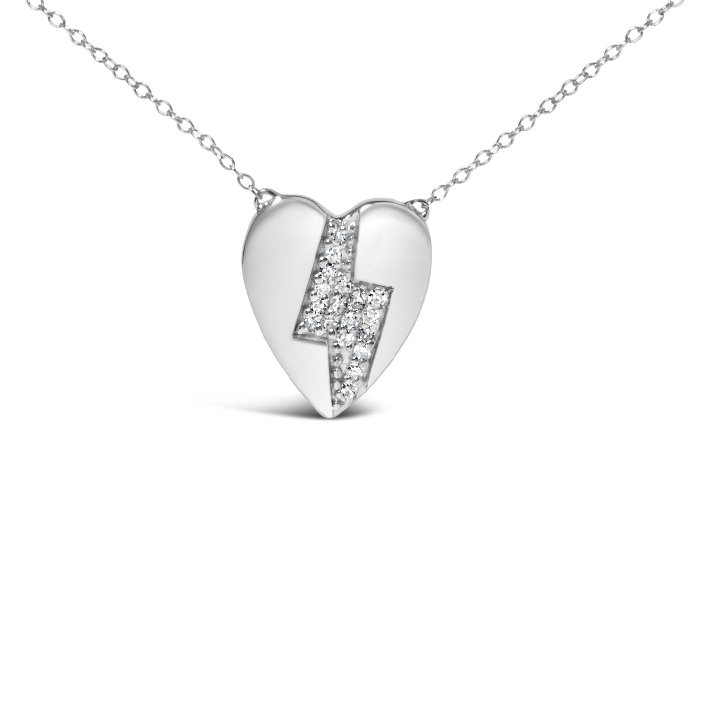 Front view of white necklace with heart pendant featuring a zigzag stripe of white round gemstones in prong setting.