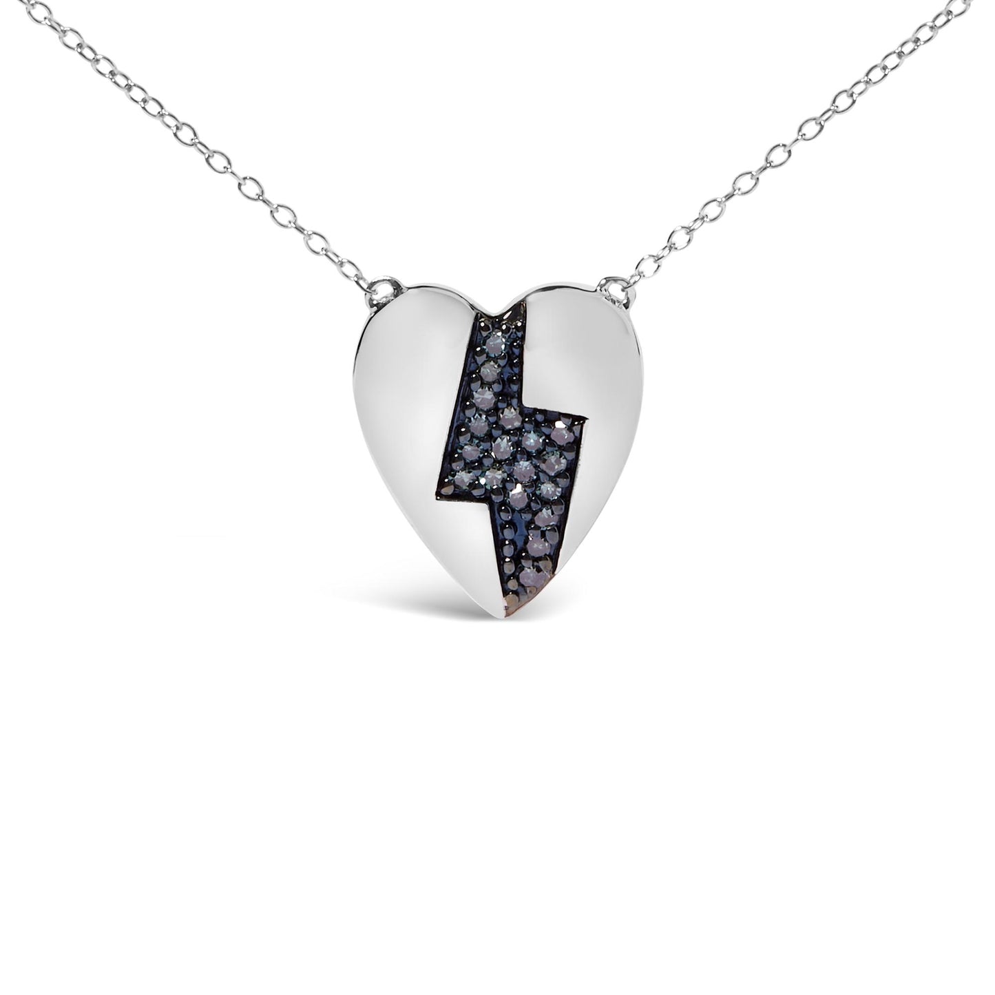Front view of a white heart-shaped necklace pendant with a lightning bolt design inlaid with round blue gemstones, hanging on a white chain.