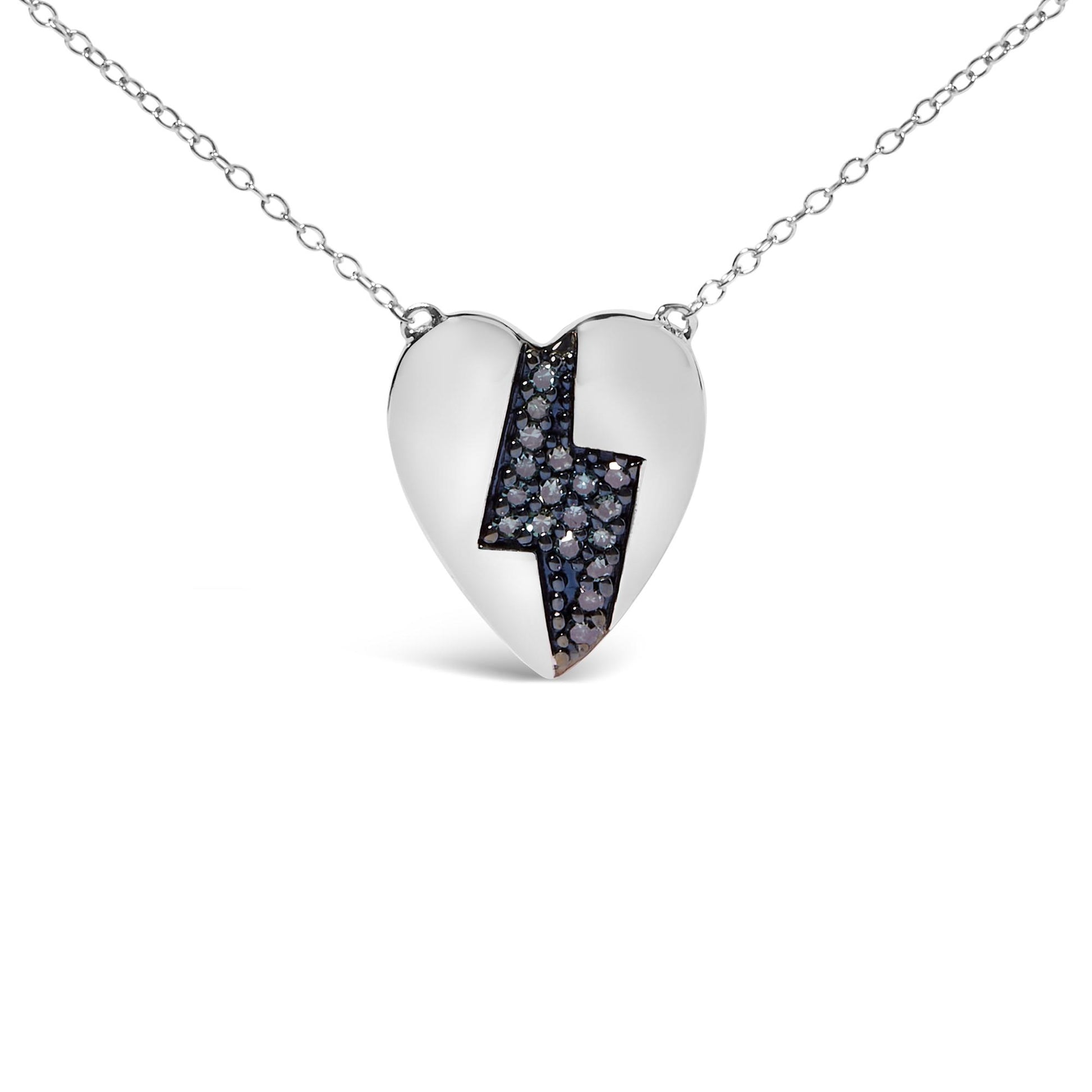 Front view of a white heart-shaped necklace pendant with a lightning bolt design inlaid with round blue gemstones, hanging on a white chain.