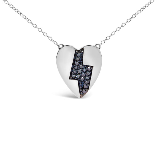 Front view of a white heart-shaped necklace pendant with a lightning bolt design inlaid with round blue gemstones, hanging on a white chain.