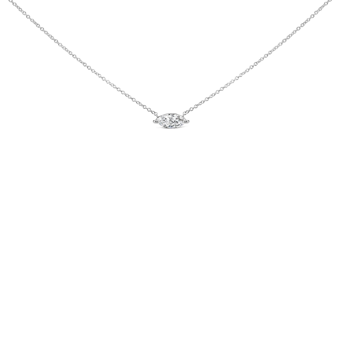 White metal necklace with a marquise-shaped white gemstone pendant in a 2-prong setting, shown from a front angle on a white background.