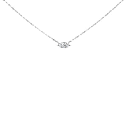 White metal necklace with a marquise-shaped white gemstone pendant in a 2-prong setting, shown from a front angle on a white background.