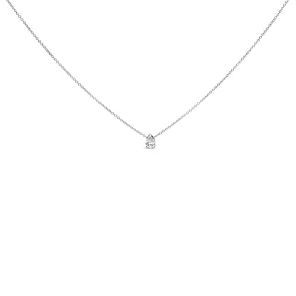 Front angle view of a white metal necklace with a single pear-shaped white gemstone in prong setting pendant.