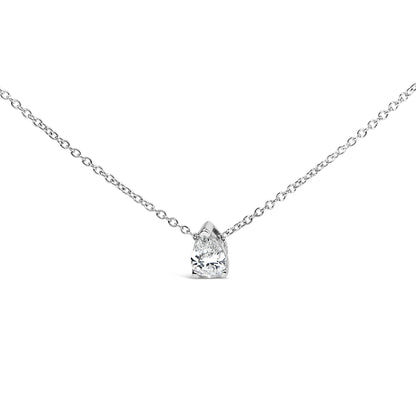 Front angled view of a white metal necklace with a pear-shaped white gemstone in a prong setting.