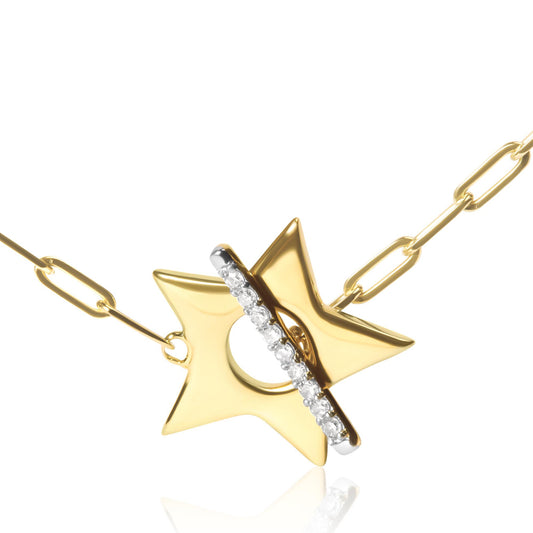 Yellow metal necklace with a star-shaped pendant featuring a circle center and a bar set with round white gemstones, shown in a close-up front angle.