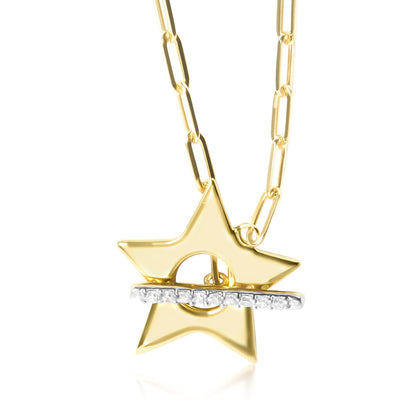 Close-up front view of a yellow star-shaped pendant necklace with a horizontal bar set with white round gemstones across the star, shown on a white background.