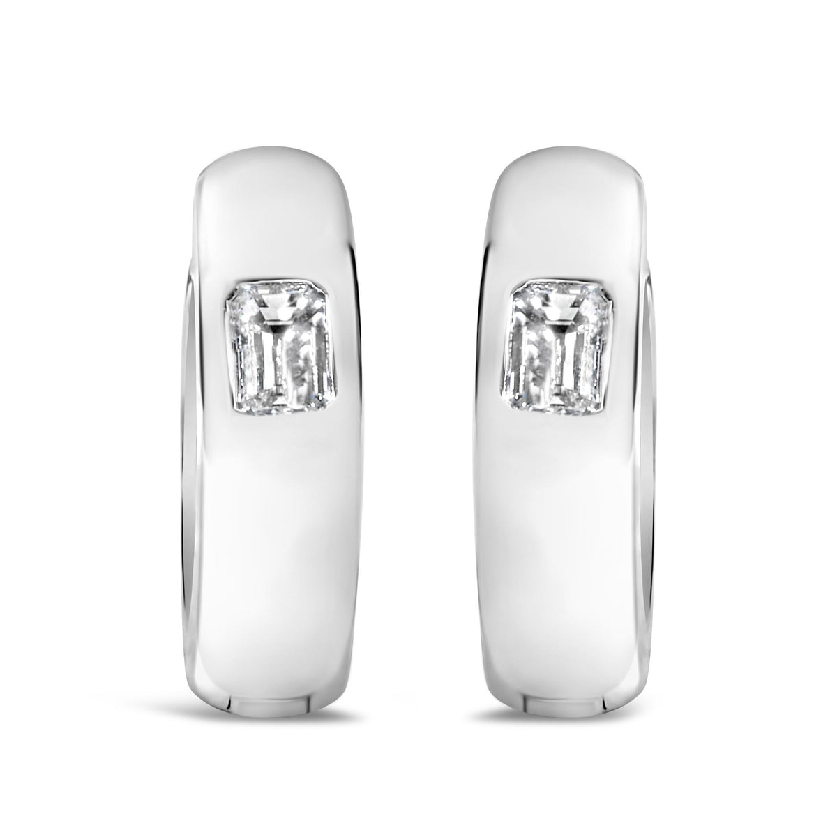 Close-up front view of a pair of white metal earrings, each featuring a white emerald-shaped gemstone in a bezel setting.