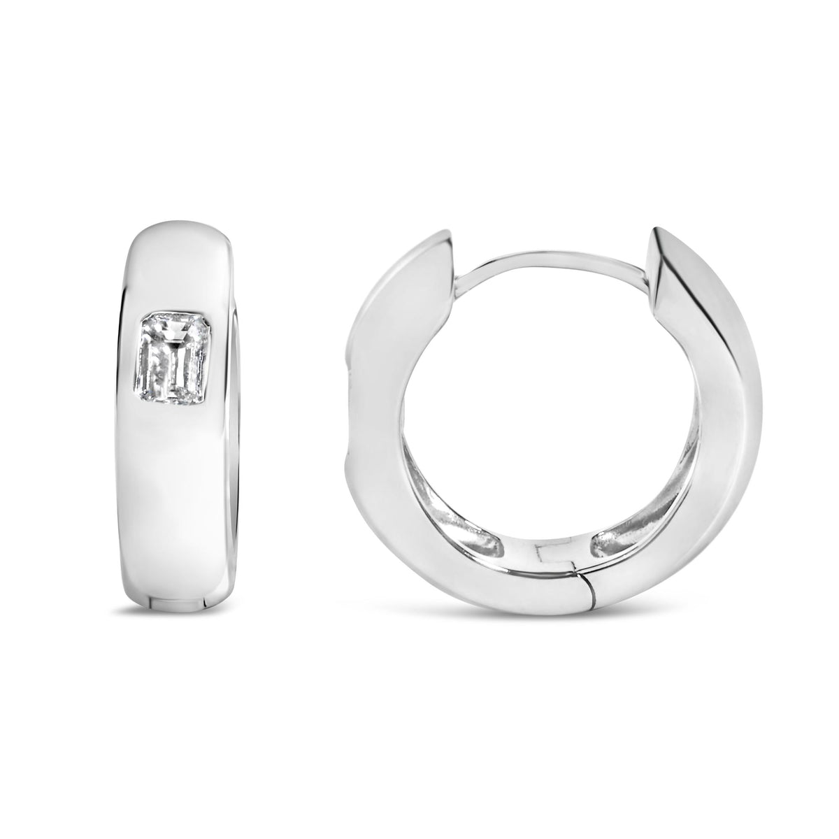 Close-up front and side view of a pair of white metal hoop earrings with emerald-shaped white gemstones in bezel settings.
