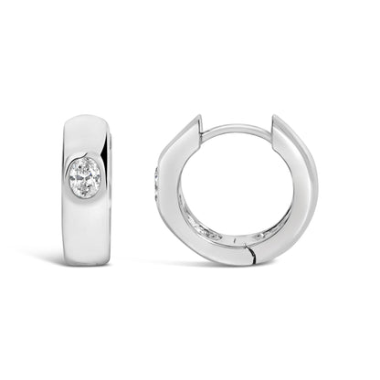 Close-up front and side views of a single white hoop earring with an oval white gemstone in a bezel setting, shown on a white background.