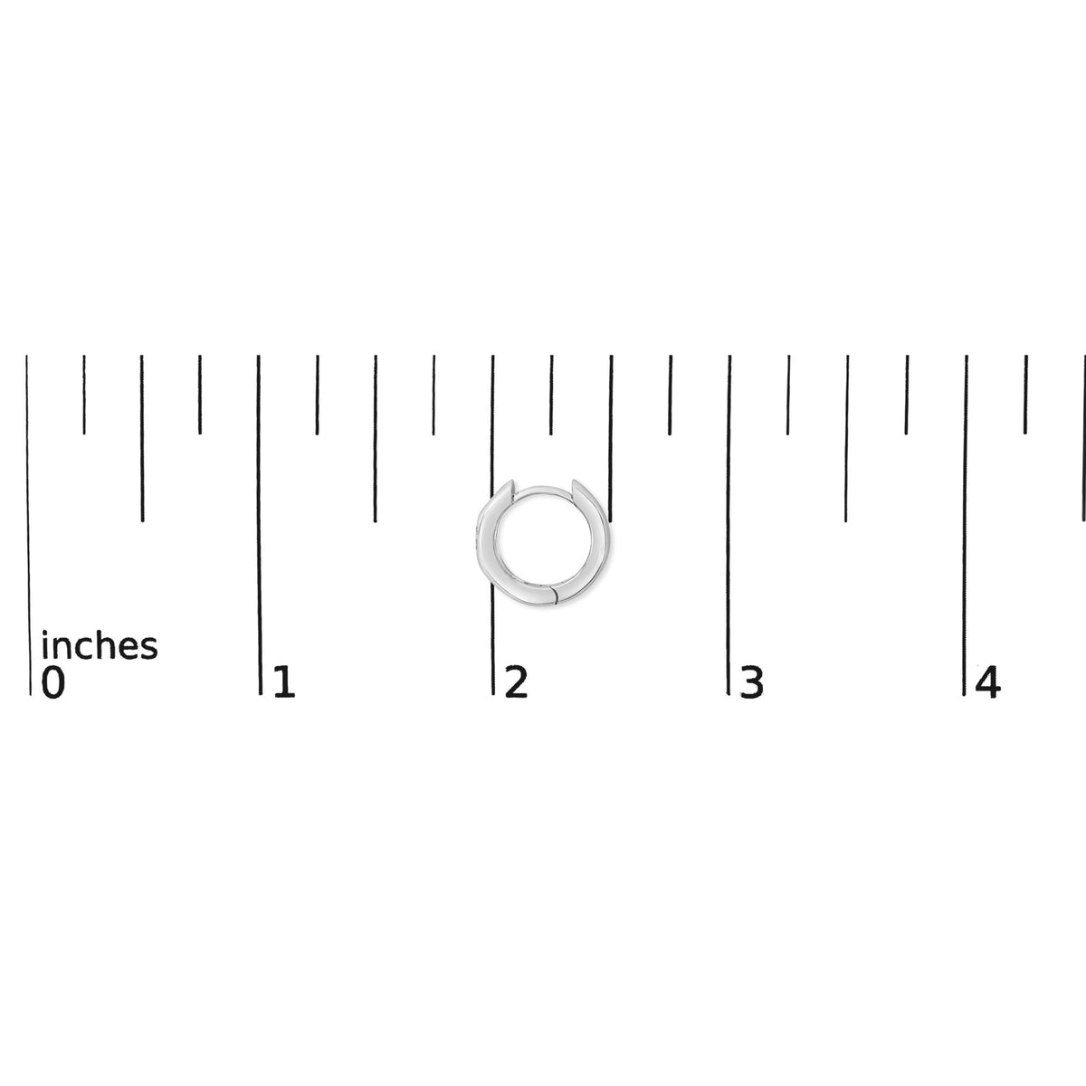 Close-up top-down view of a single white metal hoop earring with two oval bezel-set white gemstones, shown on a scale.