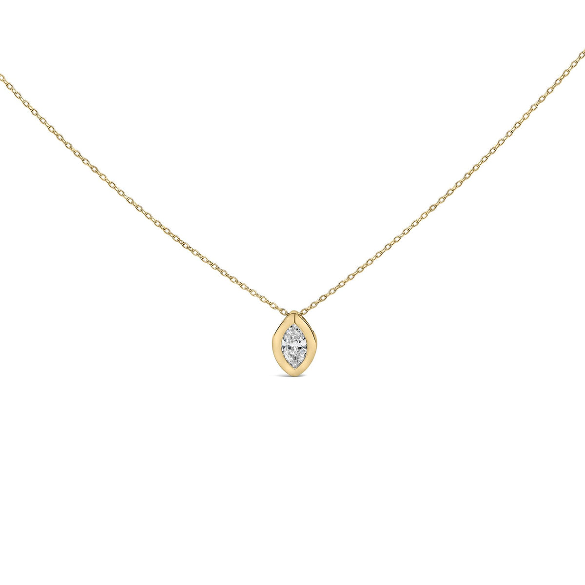 Close-up front view of a yellow metal necklace with a marquise-shaped white gemstone in a bezel setting pendant.