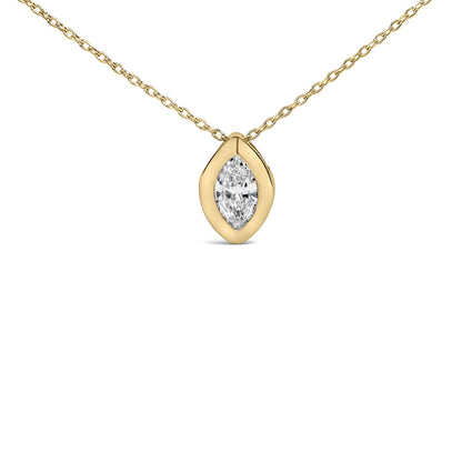 Close-up front view of a yellow necklace with a marquise-shaped white gemstone in a bezel setting.