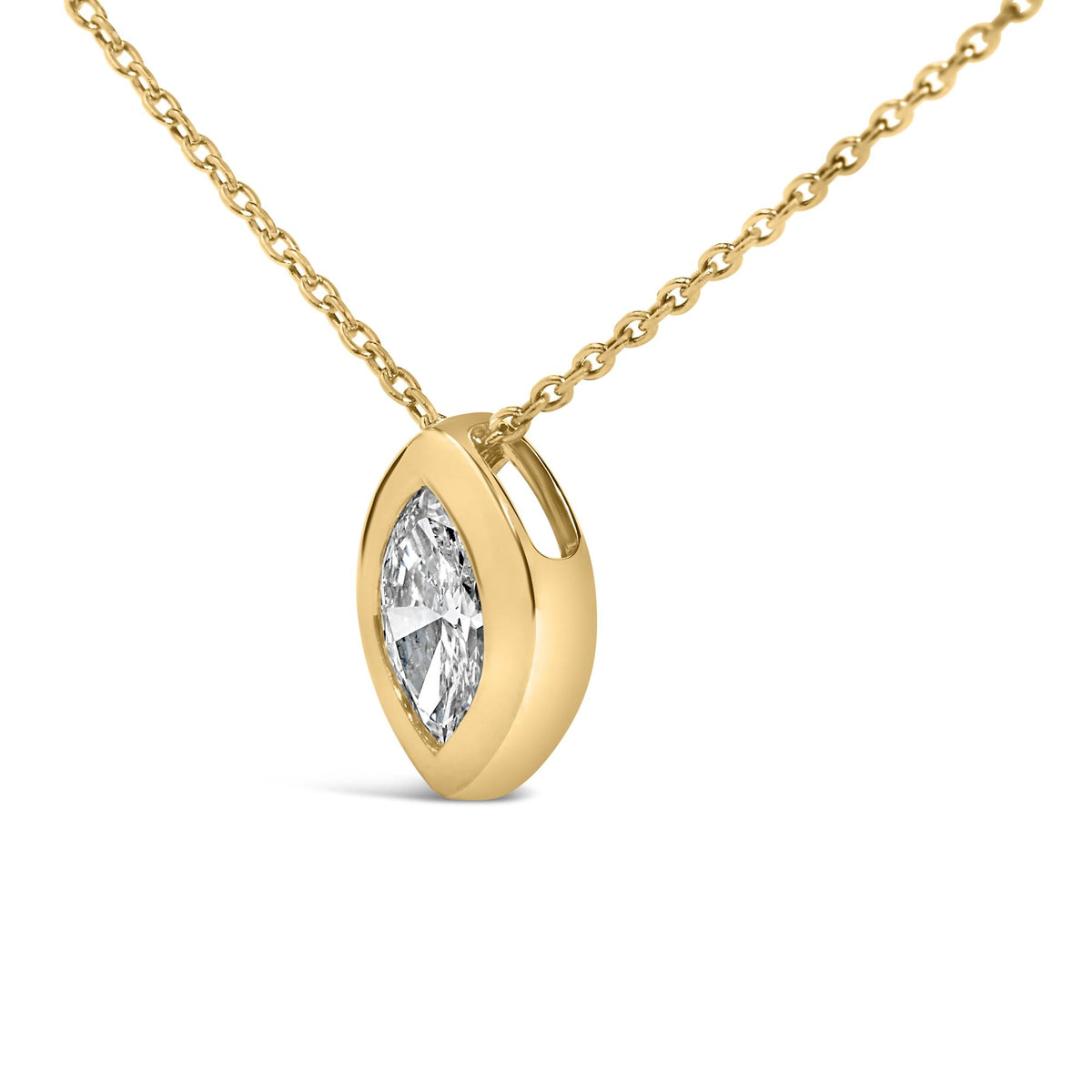 Close-up front angle of a yellow metal necklace with a marquise-shaped white gemstone in a bezel setting.