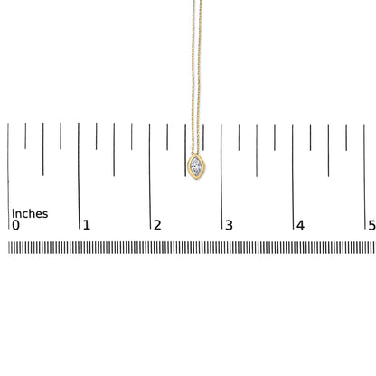 Close-up front view of a yellow necklace with a marquise-shaped white gemstone in a bezel setting, shown on a scale with inch measurements.