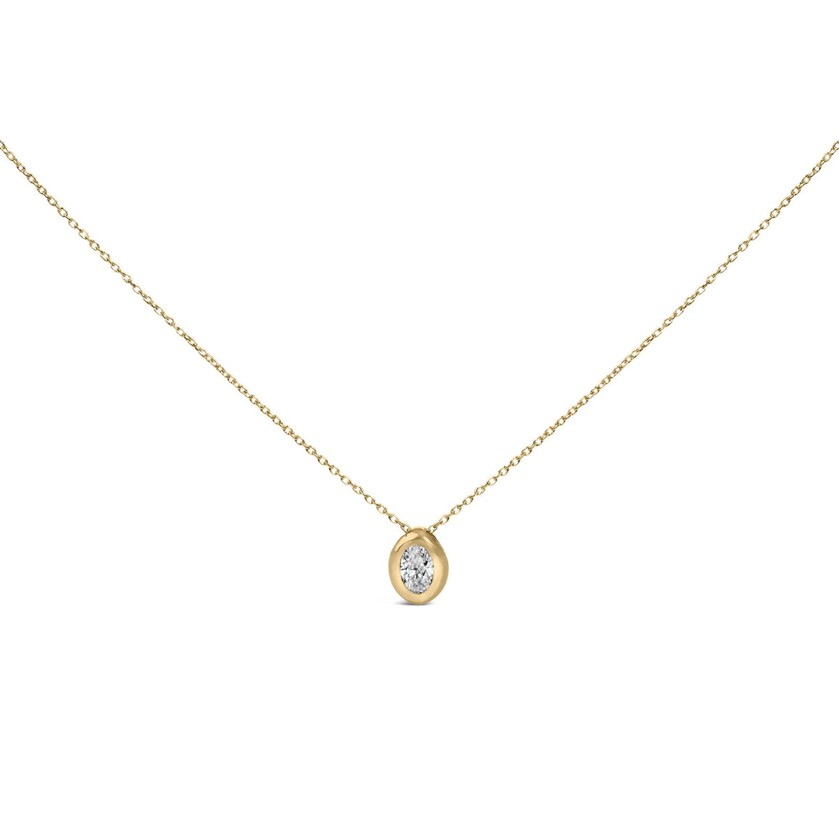 Close-up front view of a yellow metal necklace with an oval white gemstone in a bezel setting as the pendant.
