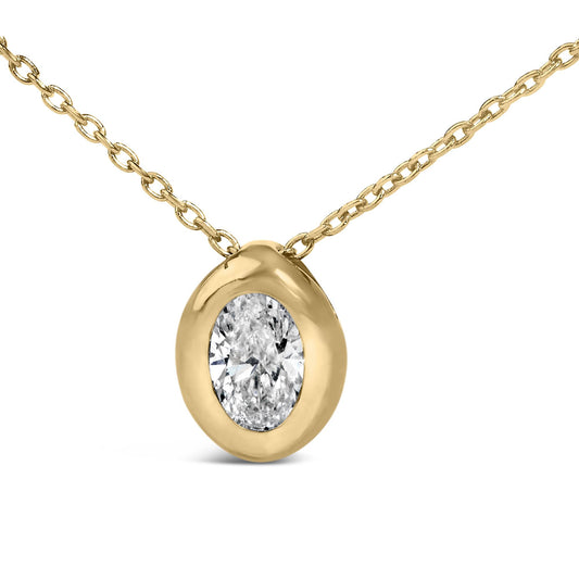 Close-up front angle of a yellow metal necklace with a bezel-set oval white gemstone pendant.