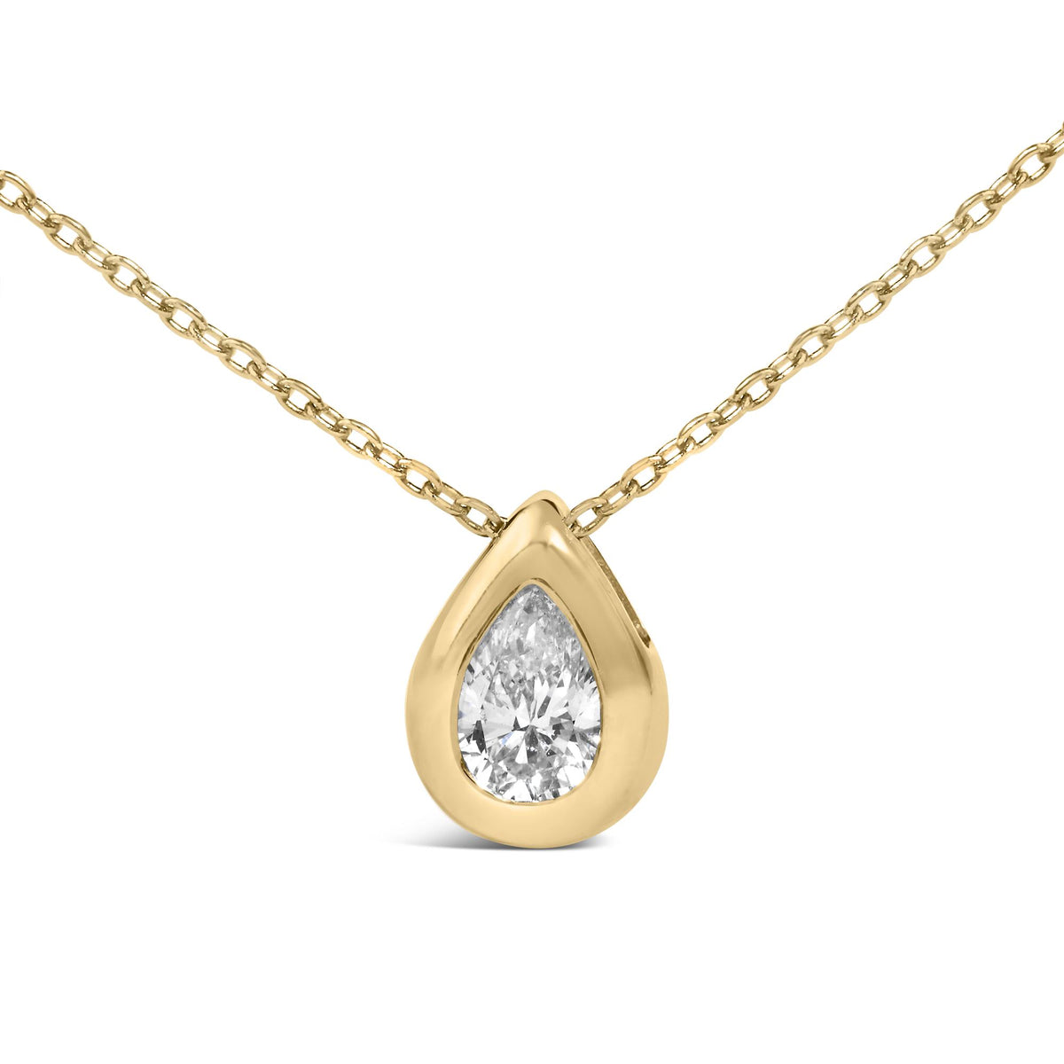 Close-up front view of a yellow necklace chain with a pear-shaped white gemstone bezel-set pendant.