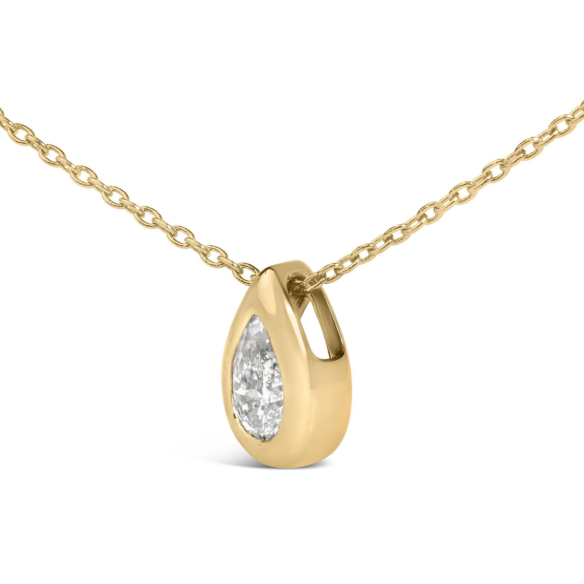 Close-up front angle of a yellow metal necklace with a pear-shaped white gemstone in a bezel setting.