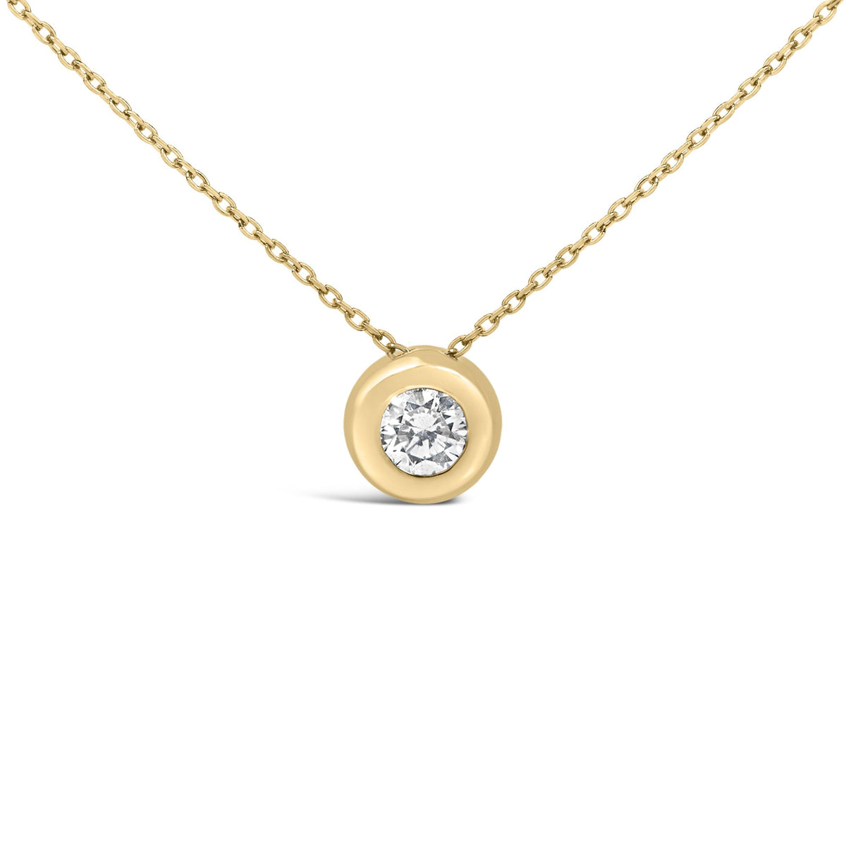Close-up front view of a yellow necklace with a round white gemstone in a bezel setting shown on a white background.