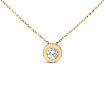 Close-up front view of a yellow necklace with a round white gemstone in a bezel setting shown on a white background.
