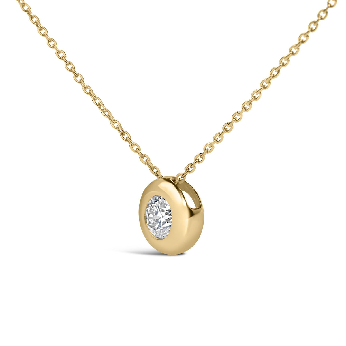 Close-up front angle of a yellow metal necklace with a round white gemstone in a bezel setting on a chain, shown on a white background.