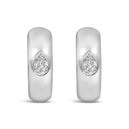 Close-up front view of a pair of white metal earrings, each featuring a pear-shaped white gemstone in a bezel setting near the center.