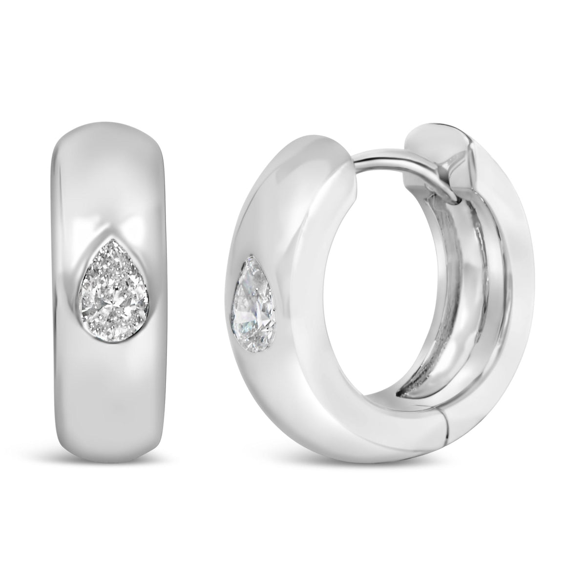 Close-up front and side angle of white metal hoop earrings with pear-shaped white gemstones set in bezel settings.