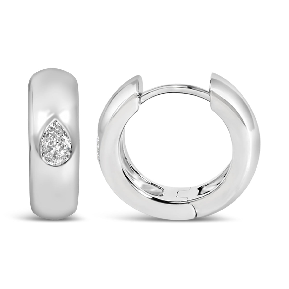 Close-up front and side views of white metal hoop earrings with pear-shaped white gemstones in bezel settings, shown on a white background.