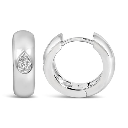 Close-up front and side views of white metal hoop earrings with pear-shaped white gemstones in bezel settings, shown on a white background.