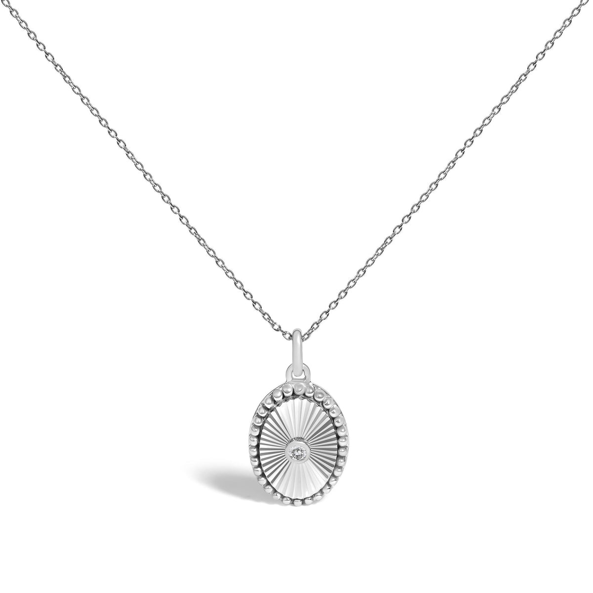 14K White Gold Diamond Accent Oval  Fluted Medallion Pendant Necklace
