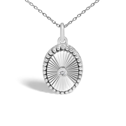 14K White Gold Diamond Accent Oval  Fluted Medallion Pendant Necklace