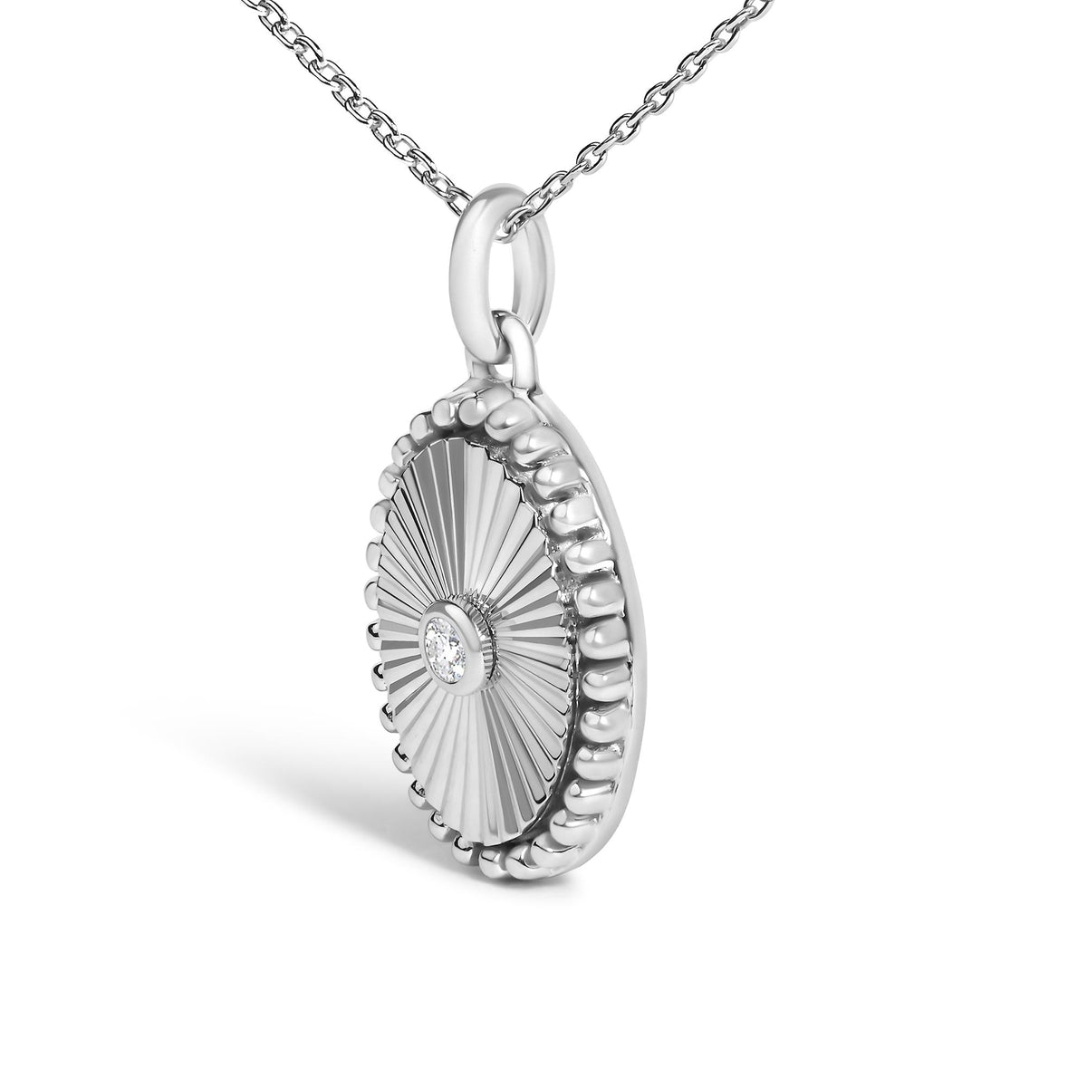 14K White Gold Diamond Accent Oval  Fluted Medallion Pendant Necklace