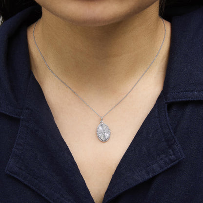 14K White Gold Diamond Accent Oval  Fluted Medallion Pendant Necklace