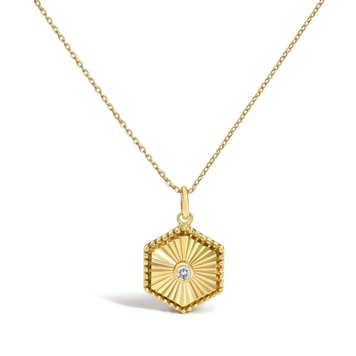 14K Yellow Gold Diamond Accent Fluted Hexagon Medallion Pendant Necklace