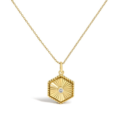 14K Yellow Gold Diamond Accent Fluted Hexagon Medallion Pendant Necklace