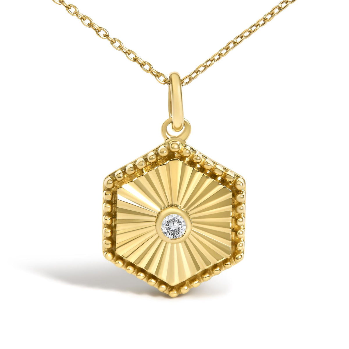 14K Yellow Gold Diamond Accent Fluted Hexagon Medallion Pendant Necklace