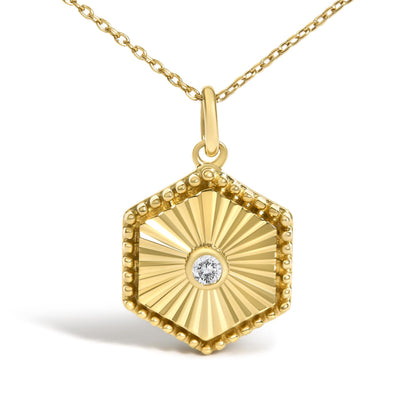 14K Yellow Gold Diamond Accent Fluted Hexagon Medallion Pendant Necklace