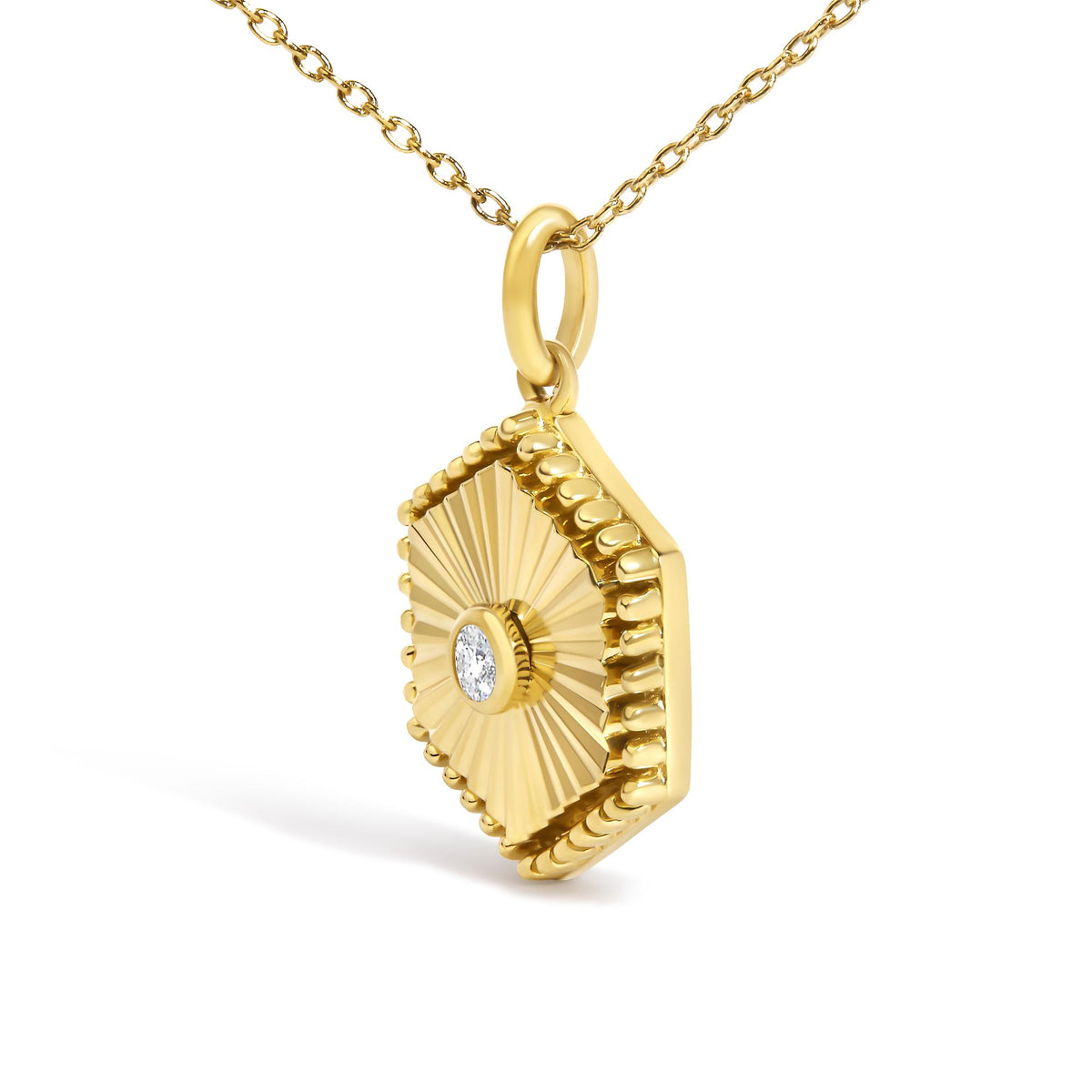 14K Yellow Gold Diamond Accent Fluted Hexagon Medallion Pendant Necklace