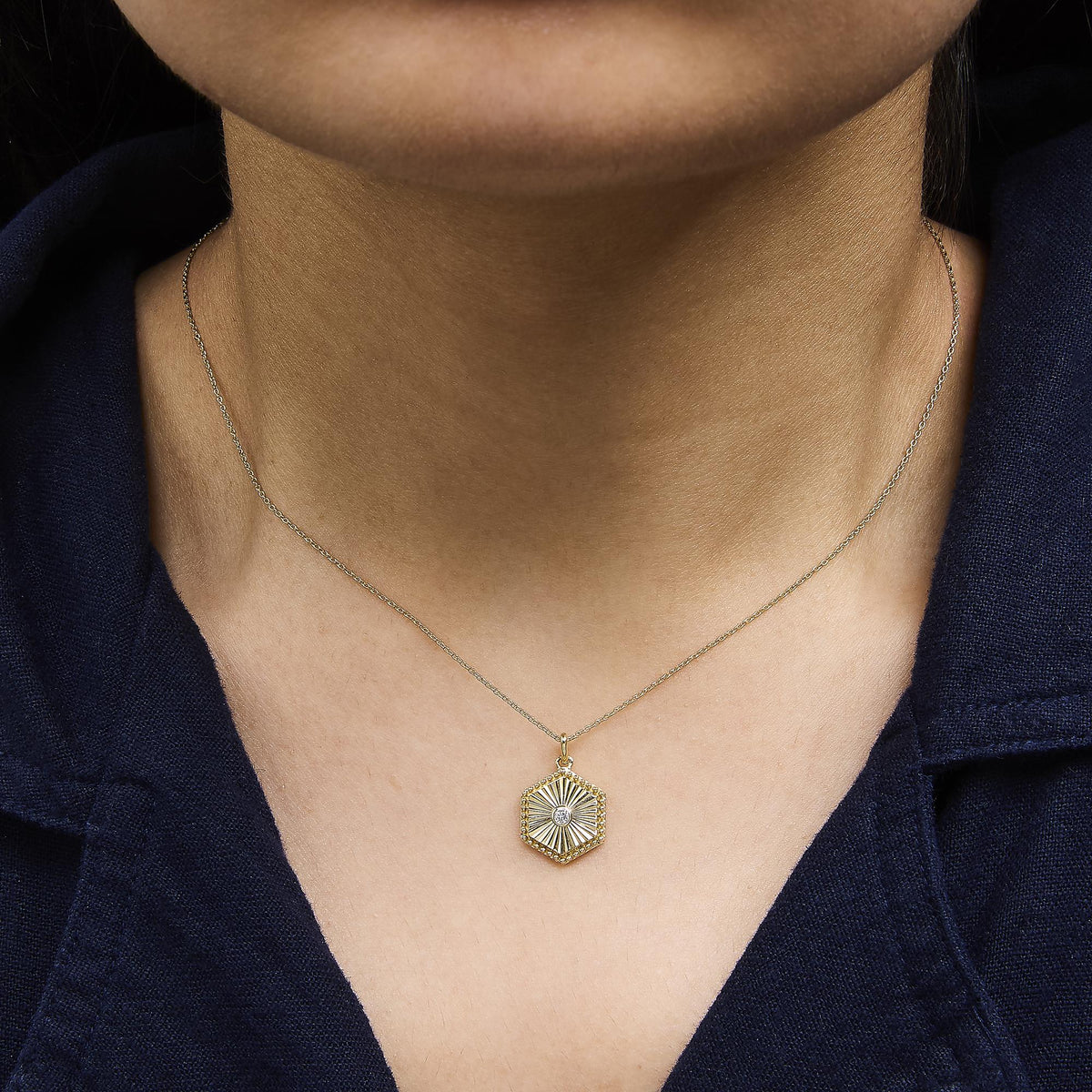 14K Yellow Gold Diamond Accent Fluted Hexagon Medallion Pendant Necklace