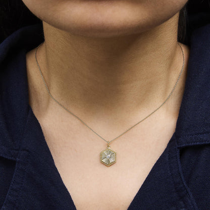 14K Yellow Gold Diamond Accent Fluted Hexagon Medallion Pendant Necklace