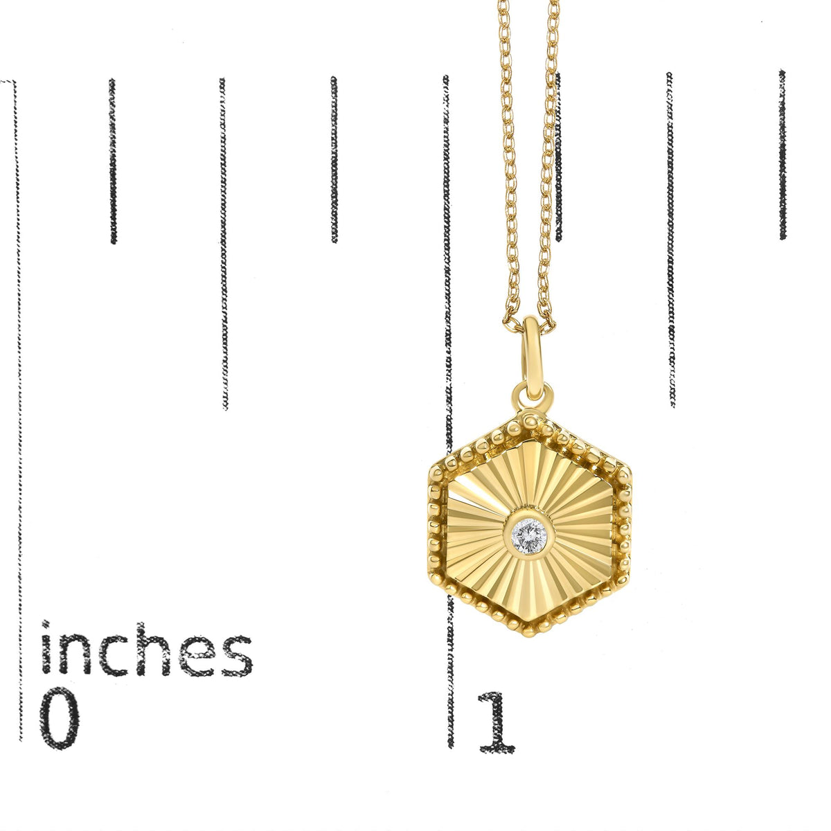 14K Yellow Gold Diamond Accent Fluted Hexagon Medallion Pendant Necklace