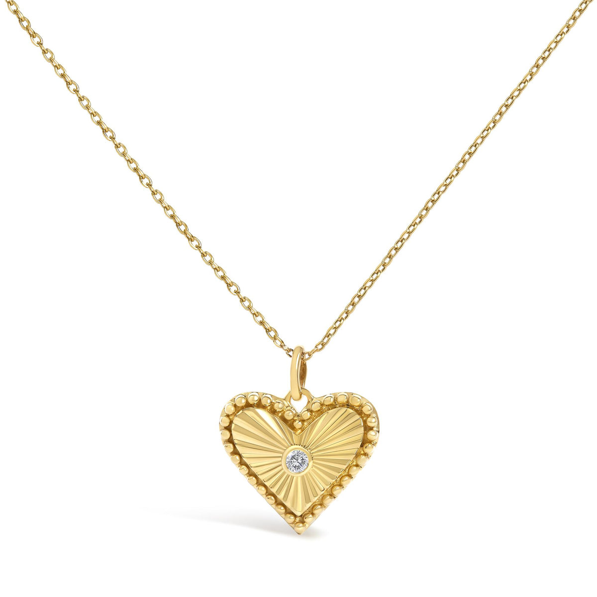 14K Yellow Gold Diamond Accent Heart Fluted Medallion Pendant Necklace