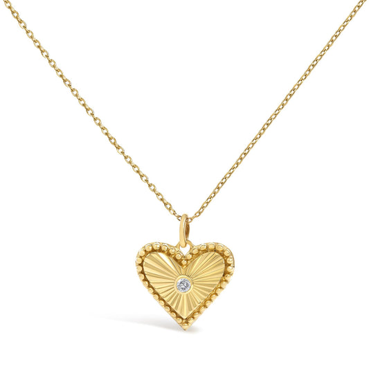 14K Yellow Gold Diamond Accent Heart Fluted Medallion Pendant Necklace