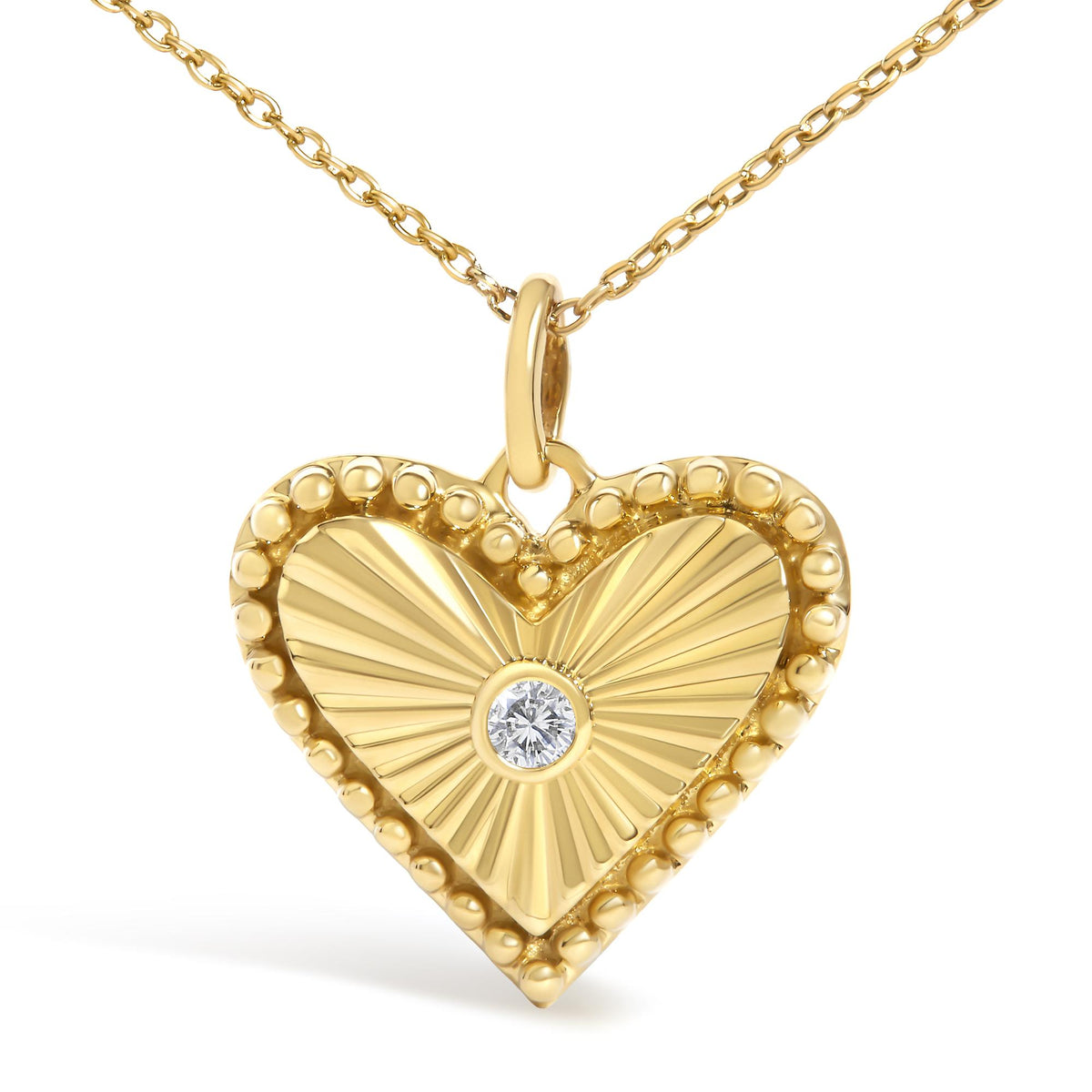 14K Yellow Gold Diamond Accent Heart Fluted Medallion Pendant Necklace
