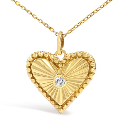 14K Yellow Gold Diamond Accent Heart Fluted Medallion Pendant Necklace
