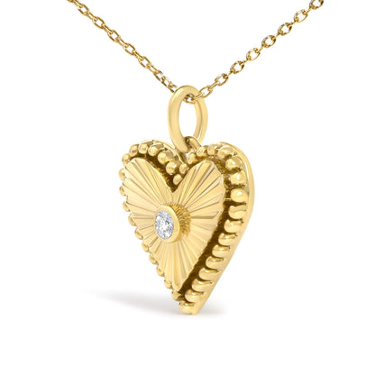 14K Yellow Gold Diamond Accent Heart Fluted Medallion Pendant Necklace
